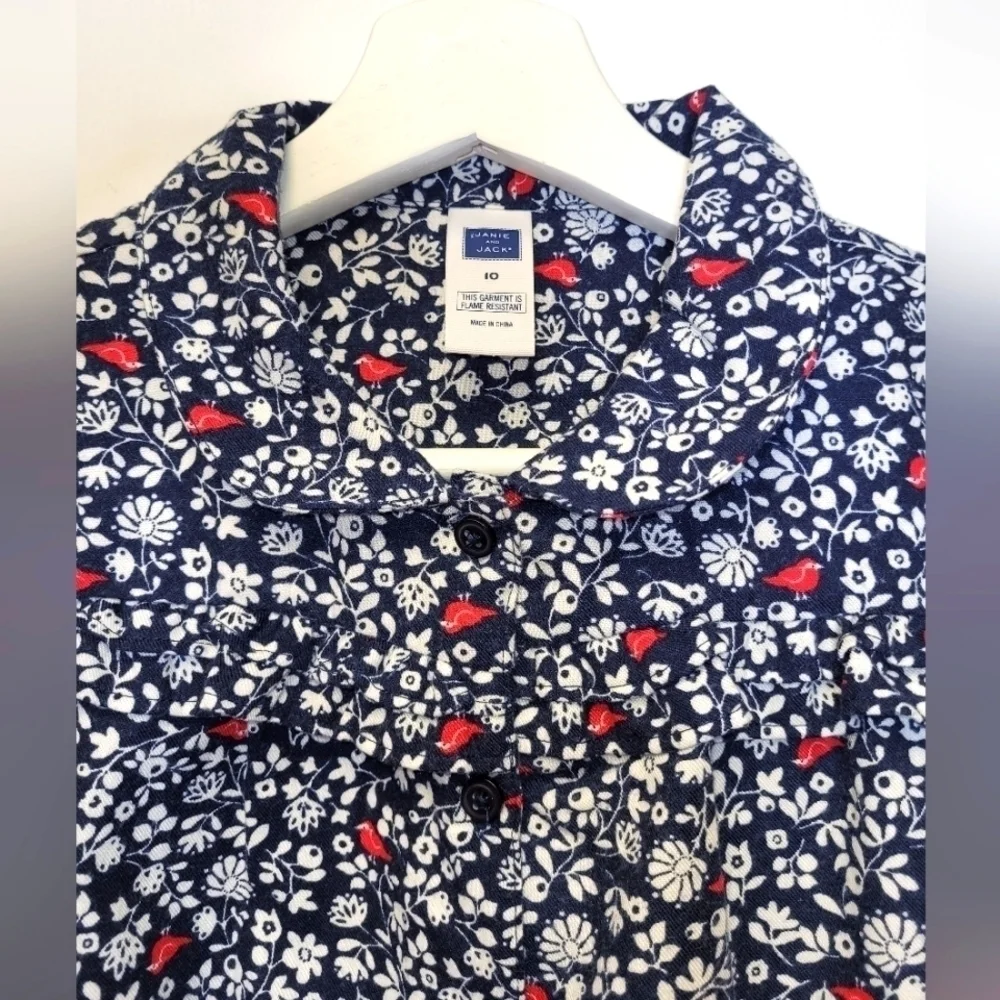 Janie and Jack Red Birds Floral Flannel Navy Blue Winter Pajama Shirt Size 10